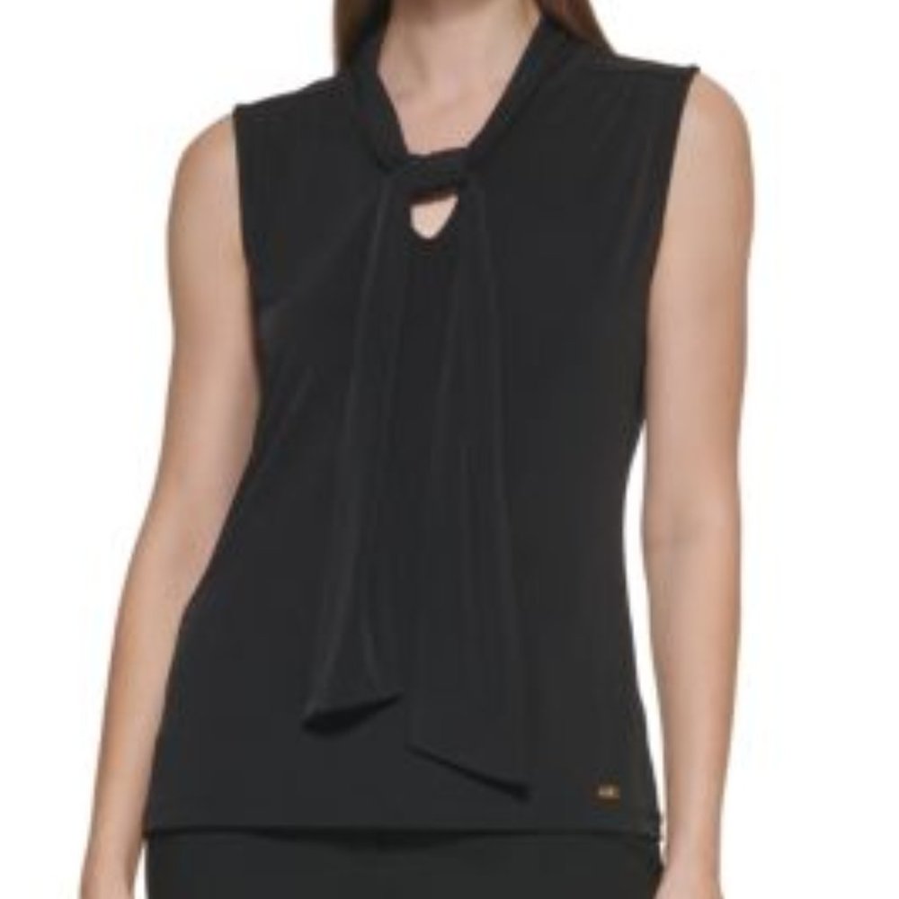 SIZE:L CALVIN KLEIN CHARCOAL GREY SLVLSS BLOUSE W/FRONT TIE